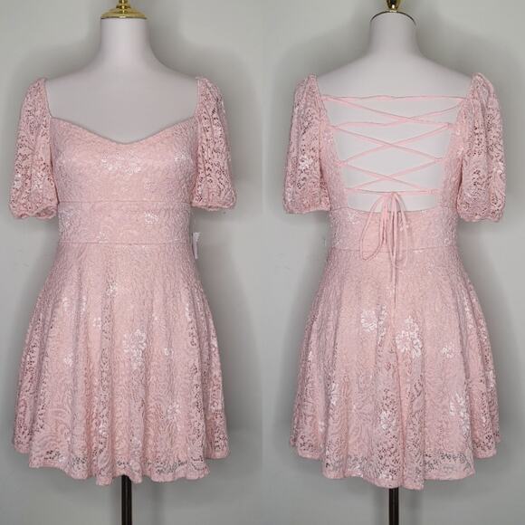 B Darlin Sz 8 Powder‎ Pink Coquette Crochet Embroidered Lace Milkmaid Dress NWT - Picture 1 of 9